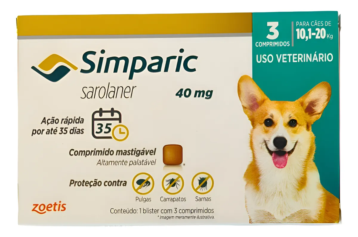 Simparic 40mg Zoetis Antipulgas E Carrapatos 10 A 20kg - 1 Comprimido
