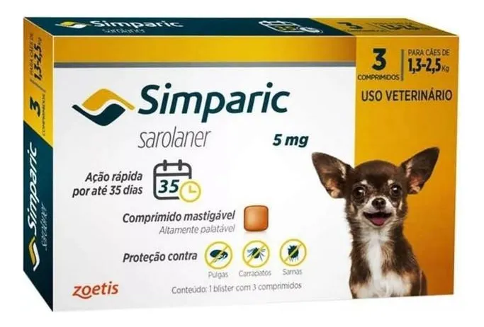 Zoetis Simparic 5mg Anti Pulgas Carrapatos Cães 1,3 A 2,5kg  1 Comprimido