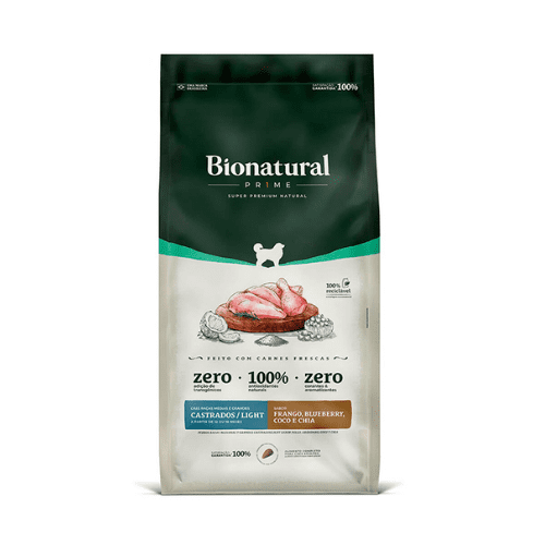 Ração Bionatural Prime para Cães Castrados de Raças Médias e Grandes Sabor Frango, Blueberry, Coco e Chia 15 kg